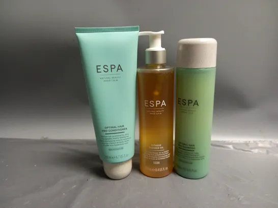 3 ESPA BEAUTY PRODUCTS TO INCLUDE OPTIMAL HAIR PRO-CONDITIONER 200ML , OPTIMAL HAIR PRO-SHAMPOO 250ML, FITNESS SHOWER OIL 250ML  