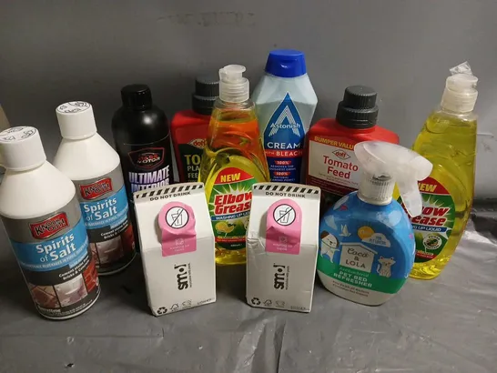 10 ASSORTED LIQUIDS TO INCLUDE ELBOR GREASE WASHING UP LIQUID (600ml), DOFF TOMATO FEED (600ml), ASTONISH CREAM WITH BLEACH (500ml), ETC - COLLECTION ONLY