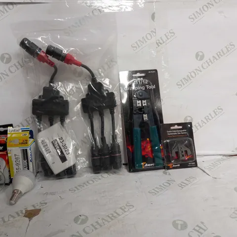 BOX OF APPROX 30 ASSORTED ITEMS TO INCLUDE - ANRIL RJ11/12 CRIMPING TOOL - ANRIL OPEN BARREL TERMINALS - ENERGIZER HALOGEN DIMMABLE 60W-100W ECT