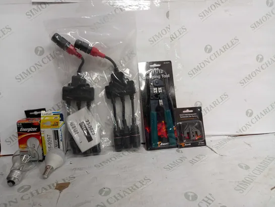 BOX OF APPROX 30 ASSORTED ITEMS TO INCLUDE - ANRIL RJ11/12 CRIMPING TOOL - ANRIL OPEN BARREL TERMINALS - ENERGIZER HALOGEN DIMMABLE 60W-100W ECT