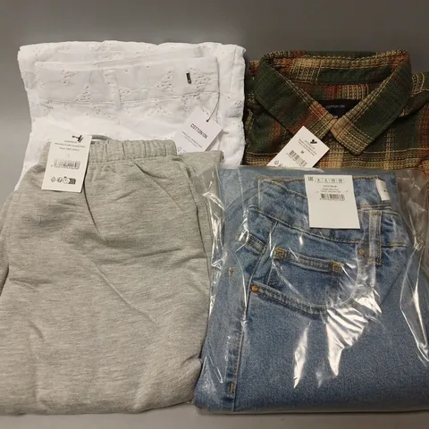APPROXIMATELY 20 ASSORTED COTTON ON CLOTHING ITEMS TO INCLUDE LUNA BRODERIE PANT IN WHITE SIZE 36EU, BOSTON LONG SLEEVE SHIRT IN OLIVE WAFFLE CHECK SIZE M, STRETCH JEAN SIZE 36EU
