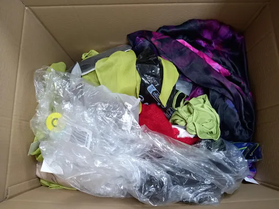 LARGE BOX OF ASSORTED CLOTHING ITEMS IN VARIOUS COLOURS AND SIZES INCLUDING TROUSERS , TOPS AND JUMPERS 