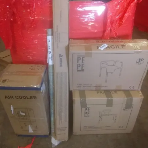 PALLET OF ASSORTED ITEMS INCLUDING BEDSIDE COMMODE, BATH TRANSFER BENCH, AIR COOLER, RETRACTABLE GATE