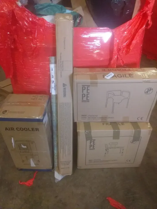 PALLET OF ASSORTED ITEMS INCLUDING BEDSIDE COMMODE, BATH TRANSFER BENCH, AIR COOLER, RETRACTABLE GATE