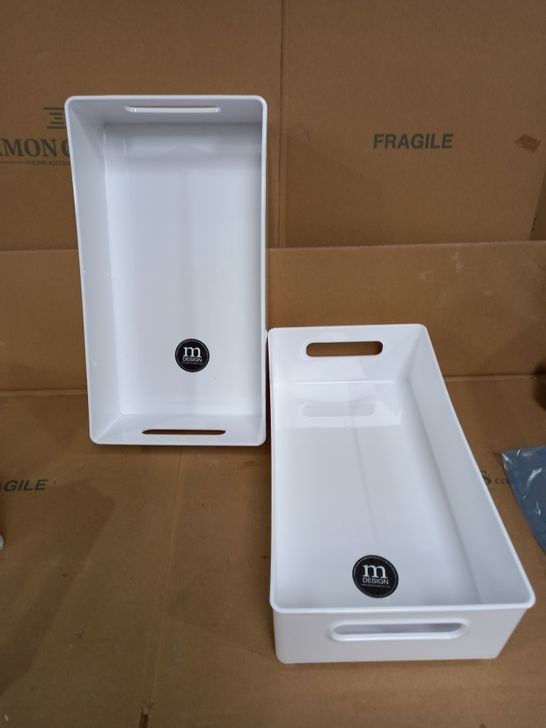 SET OF 2 X LONG WHITE STACKABLE STORAGE BOXES WITH HAND HOLES AT EITHER (LONG) END - 37X19X9