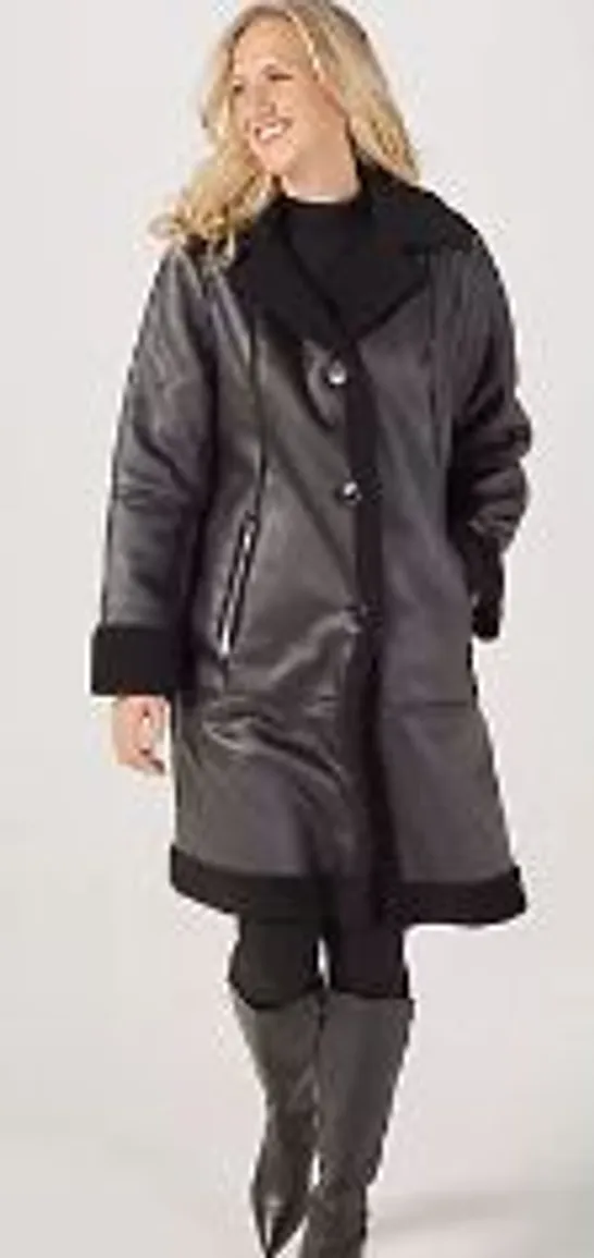 RUTH LANGSFORD FAUX SHEARLING LONGLINE COAT BLACK SIZE 16