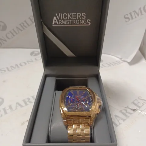 BOXED VICKERS ARMSTRONGS ATMOSPHERE ROSE GOLD STRAP BLUE DIAL WATCH 