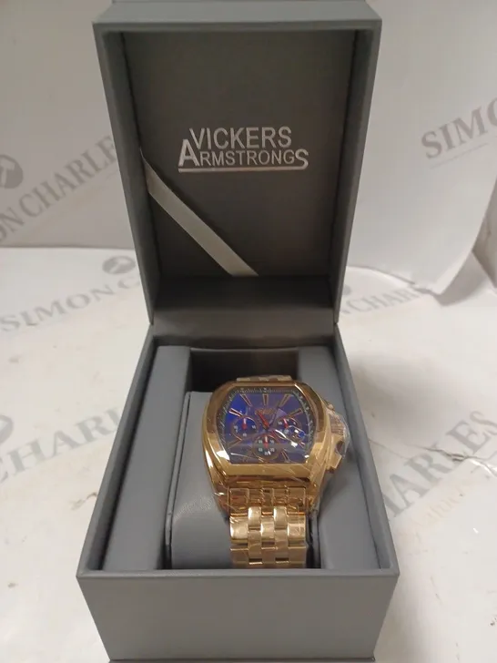 BOXED VICKERS ARMSTRONGS ATMOSPHERE ROSE GOLD STRAP BLUE DIAL WATCH 