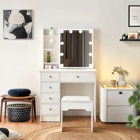  MODERN DRESSING TABLE WITH LED MIRROR AND CUSHIONED STOOL - COLLECTION ONLY