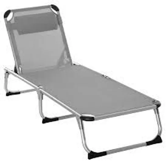 BOXED OUTSUNNY FOLDABLE RECLINING SUN LOUNGER LOUNGE CHAIR CAMPING BED COT W/ PILLOW 4-LEVEL ADJUSTABLE BACK ALUMINIUM FRAME GREY