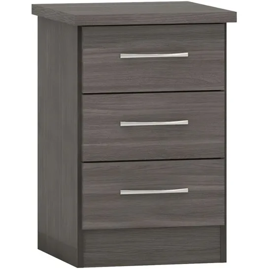 BOXED NEVADA 3 DRAWER BEDSIDE TABLE IN BLACK WOOD 