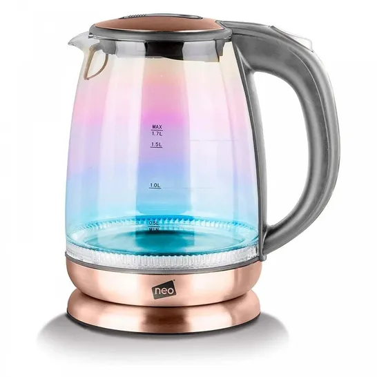 BOXED NEO® RAINBOW LED ILLUMINATED ELECTRIC GLASS COPPER KETTLE 1.7L CORDLESS (CHROME)