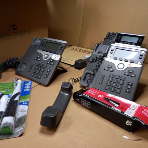 LOT OF APPROX 8 ASSORTED HOUSEHOLD ITEMS TO INCLUDE: CISCO PHONE SYSTEMS, SONIC SCRUBBER, STAPLERS