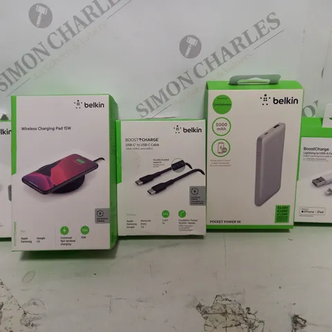 BOX OF APPROX 15 ASSORTED BELKIN ITEMS TO INCLUDE - USB-C TO USB-C CABLE - USB-C CAR CHARGER - 5000MAH POWER BANK ETC
