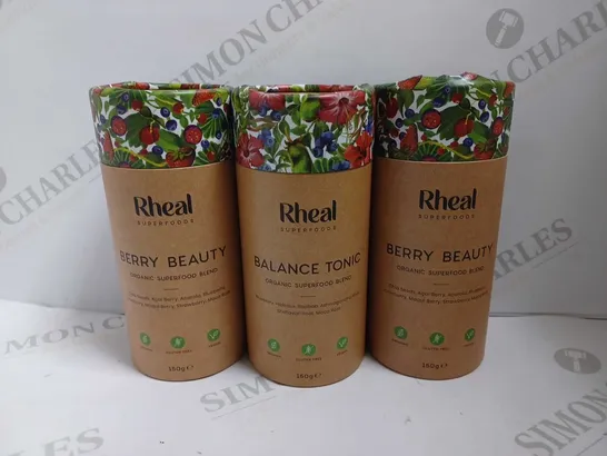 LOT OF 3 RHEAL SUPERFOODS ORGANIC BLEND (2 BERRY BEAUTY, 1 BALANCE TONIC)