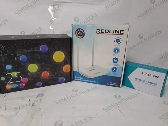 APPROXIMATELY 20 ASSORTED PRODUCTS TO INCLUDE MAGIC COLOUR RGB LED BULBS, REDLINE WIRELESS MODEM, WIRELESS MOUSE 