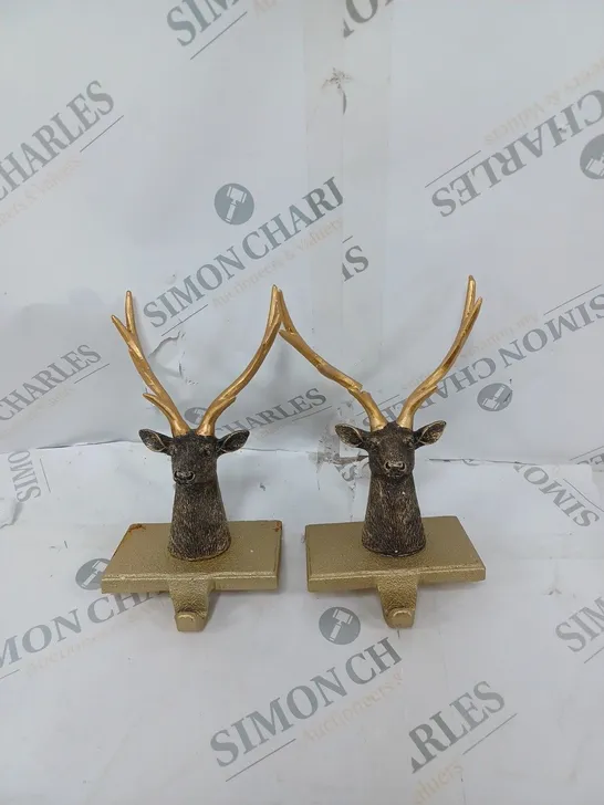 BOXED SET OF TWO ALISON CORK ANIMAL STOCKING HOLDERS - STAG