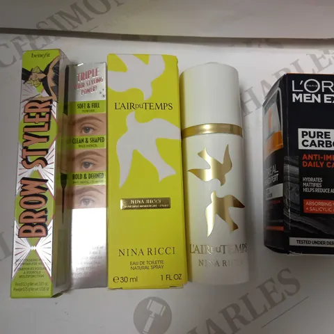 BOX OF APPROX 10 ITEMS TO INCLUDE BENEFIT BROW STYLER, LOREAL MEN EXPERT PURE CARBON ANTI IMPERFECTION DAILY CARE, LAIR DU TEMPS NINA RICCI EAU DE TOILETTE 