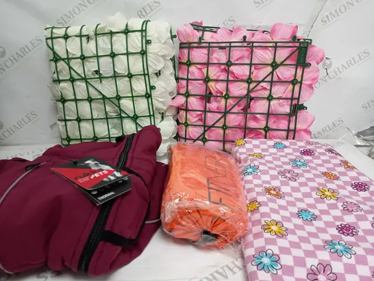 BOX OF APPROXIMATELY 15 ASSORTED ITEMS TO INCLUDE TABLE CLOTH, RUNNING PARACHUTE, DOG COAT ETC