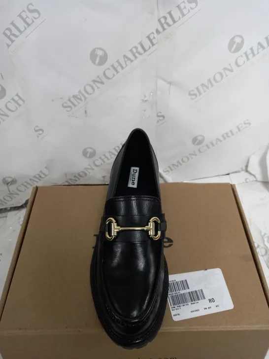 BOXED PAIR OF OUTLET DUNE GALLAGHER CHUNKY SNAFFLE TRIM LOAFERS IN BLACK UK SIZE 5