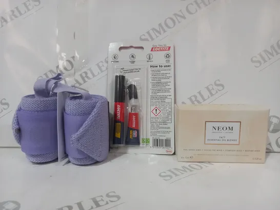 APPROXIMATELY 5 ASSORTED HOUSEHOLD ITEMS TO INCLUDE NEOM ESSENTIAL OIL BLENDS, WRIST STRAPS, SUPER GLUE, ETC