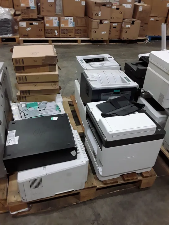 PALLET OF ASSORTED OFFICE EQUIPMENT INCLUDING PRINTERS, DESKTOP & KEYBOARDS 