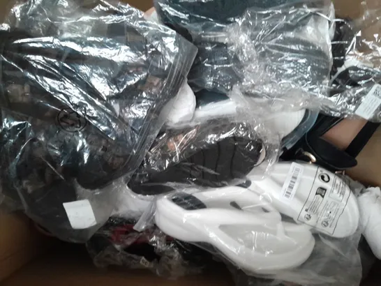 BOX OF APPROXIMATELY 15 ASSORTED PAIRS OF SHOES AND FOOTWEAR ITEMS IN VARIOUS COLOURS, STYLES, AND SIZES - COLLECTION ONLY