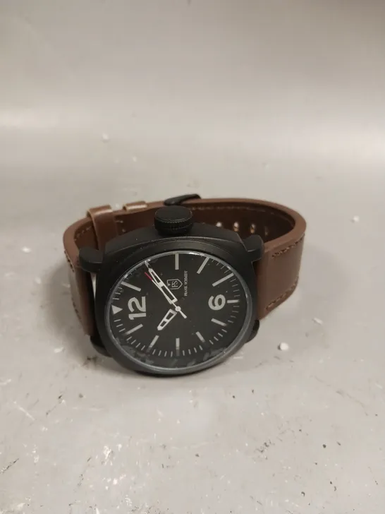 MENS FRANK SCHMIDT WATCH – LARGE BLACK CASE – BLACK PILOT DIAL – BROWN LEATHER STRAP