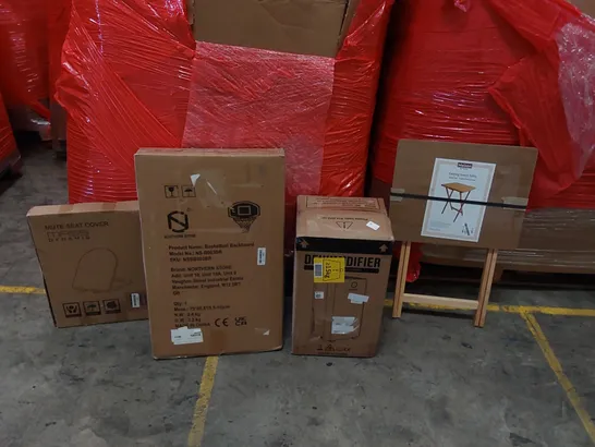 PALLET OF ASSORTED ITEMS INCLUDING: DEHUMIDIFIER, BASKETBALL BACKBOARD, FOLDING SNACK TABLE, TOILET SEAT COVER