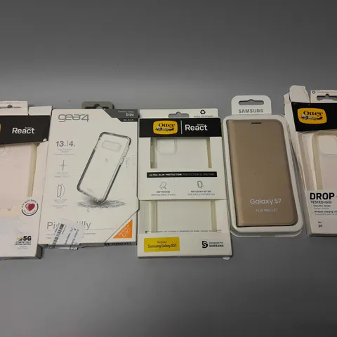 APPROXIMATELY 5 BOXED PHONE CASES TO INCLUDE OTTER REACT DROP+ SAMSUNG GALAXY A51 CASE, SAMSUNG GALAXY S7 FLIP WALLET CASE, GEAR4 SAMSUNG GALAXY S10e CASE, ETC