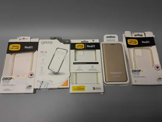 APPROXIMATELY 5 BOXED PHONE CASES TO INCLUDE OTTER REACT DROP+ SAMSUNG GALAXY A51 CASE, SAMSUNG GALAXY S7 FLIP WALLET CASE, GEAR4 SAMSUNG GALAXY S10e CASE, ETC