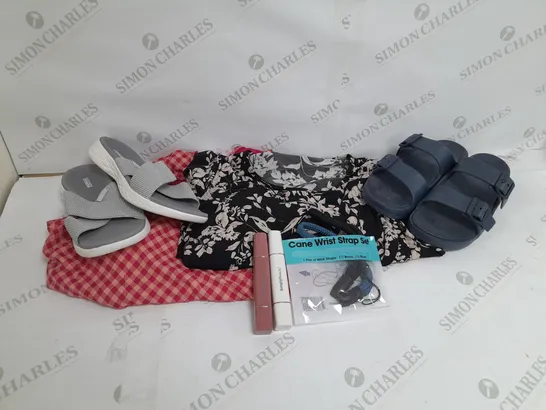 APPROXIMATELY 7 ASSORTED ITEMS TO INCLUDE SKECHERS SANDALS, KIM&CO TUNIC, SIMPLY BEAUTY HAIR REMOVER 