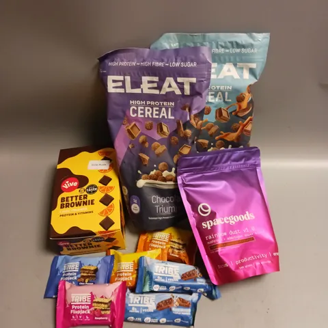 BOX OF APPROX 15 ASSORTED FOOD ITEMS TO INCLUDE - ELEAT HIGH PROTEIN CEREAL - SPACEGOODS FOOD SUPPLEMENT - VIVE BROWNIE BARS ETC