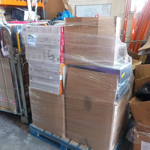 PALLET OF ASSORTED ELECTRICALS AND ACCESSORIES TO INCLUDE; CANON PIXMA TS3350, HP ENVY 6020E, JVC POWERFUL SOUND HA S31M, JUICE DISCO XL AND ONE FOR ALL UNIVERSAL REMOTE