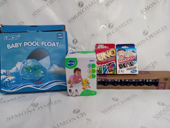 BOX OF APPROX 15 ASSORTED TOYS TO INCLUDE - UNO - LAYCOL BABY POOL FLOAT - HOLA DANCING DUCK ECT