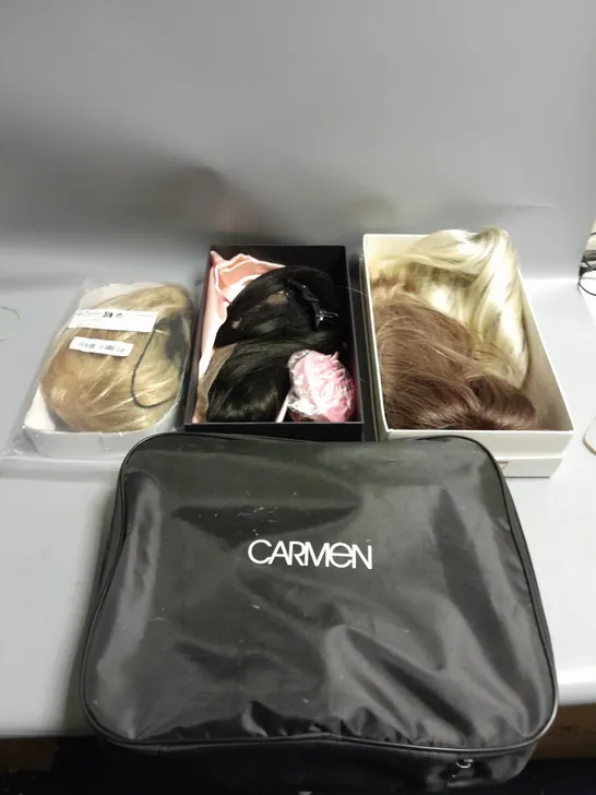 BOX OF ASSORTED HAIR WIGS COMING IN DIFFERENT SIZES AND COLOURS 