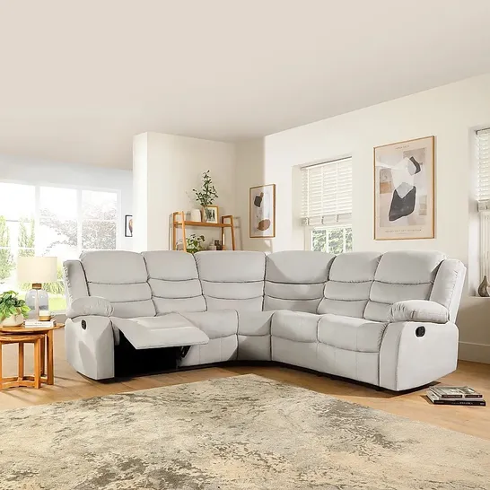 A BOXED INCOMPLETE DESIGNER SORRENTO DOVE GREY PLUSH FABRIC UPHOLSTERED RECLINER CORNER SOFA (RIGHT SEAT ONLY)