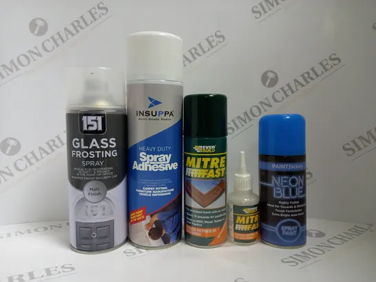 BOX OF APPROX 12 ASSORTED AEROSOLS TO INCLUDE GLASS FROSTING SPRAY, INSUPPA HEAVY DUTY SPRAY ADHESIVE, NEON BLUE SPRAY PAINT, ETC 