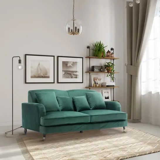 BOXED ASHTON BOTTLE GREEN VELVET 3 SEATER UPHOLSTERED SOFA