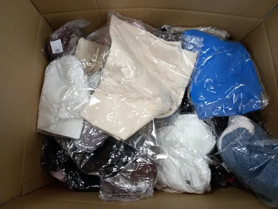 LARGE BOX OF ASSORTED CLOTHING ITEMS IN VARIOUS COLOURS AND SIZES INCLUDING TROUSERS , TOPS AND JUMPERS 