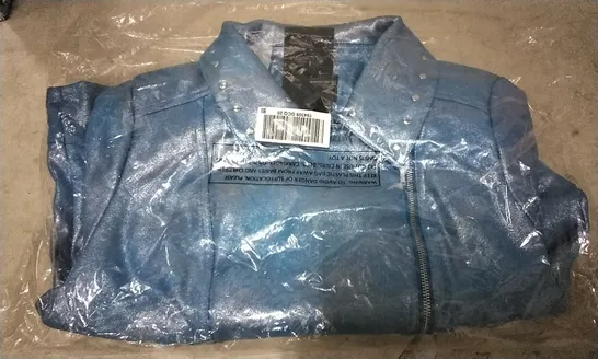 BOX OF APPROX 13 JULIEN MACDONALD METALLIC BLUE BIKER JACKET SIZE 20