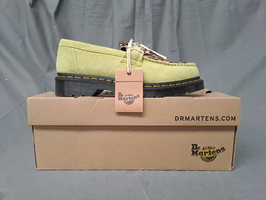 BOXED PAIR OF DR MARTENS ADRIAN BONE SNAFFLE SUEDE LOAFERS IN LIME/LEOPARD PRINT FAUX HAIR UK SIZE 6