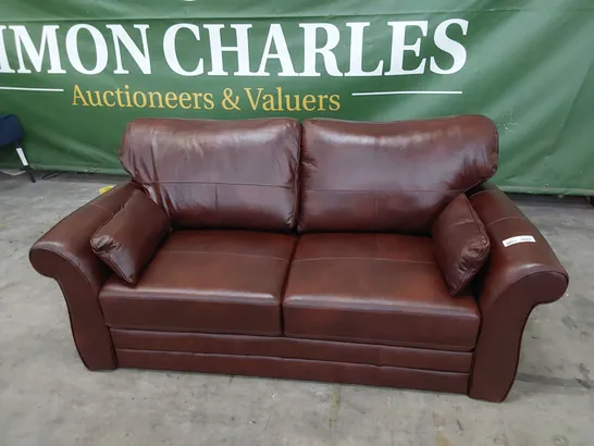 DESIGNER SCROLL ARM 2.5 SEATER SOFA CHESTNUT LEATHER 