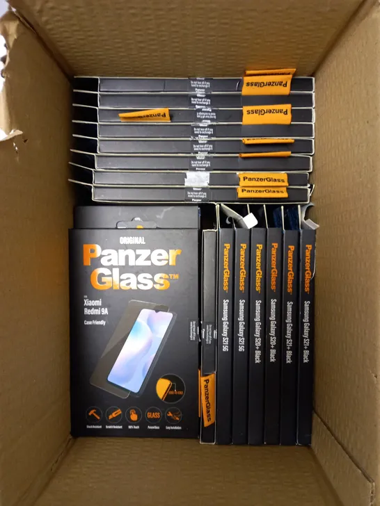 BOX OF APPROXIMATELY 40 PANZER GLASS PROTECTIVE ANTIBACTERIAL SCREEN PROTECTORS FOR VARIOUS PHONE MODELS 