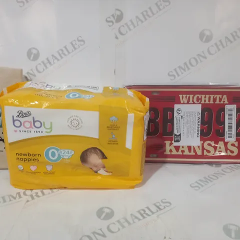 BOX OF APPROXIMATELY 15 ASSORTED HOUSEHOLD ITEMS TO INCLUDE NEWBORN NAPPIES, TOTE BAG, ETC