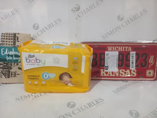 BOX OF APPROXIMATELY 15 ASSORTED HOUSEHOLD ITEMS TO INCLUDE NEWBORN NAPPIES, TOTE BAG, ETC