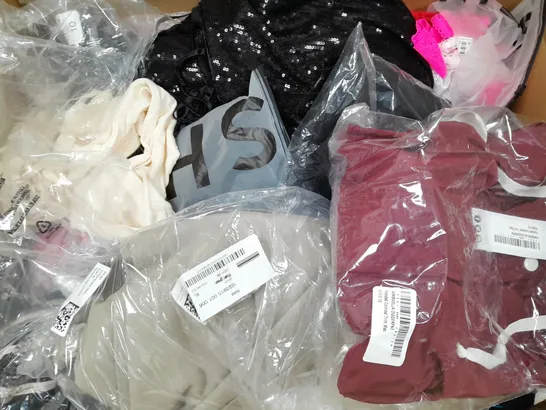 BOX OF APPROXIMATELY 25 ASSORTED CLOTHING ITEMS TO INCUDE - JUMPER  , JEANS  ,SOCKS , BIKINI BOTTOMS   ETC