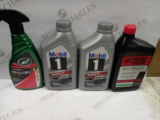 BOX OF 10 ASSORTED VEHICLE MAINTENCE FLUIDS TO CONTAIN STANS RACE SEALANT, MOBIL RACING 4T MOTORCYCLE OIL, TURTLE WAX WAX & DRY ETC 