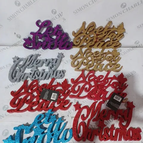 BOX OF APPROXIMATELY 8 ASSORTED WOODEN CHRISTMAS SIGNAGE DECORATIONS IN VARIOUS COLOURS 