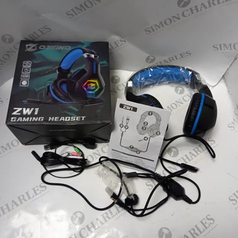 BOXED OZEINO ZW1 GAMING HEADSET WITH USB/AUDIO CABLES AND INSTRUCTIONS